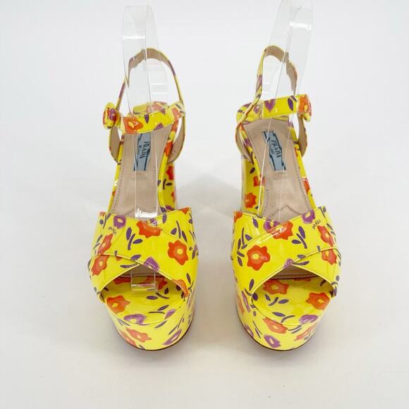 Prada Yellow Floral Patent Leather Chunky Platform Block Heel Sandal size IT 37 - Picture 5 of 14